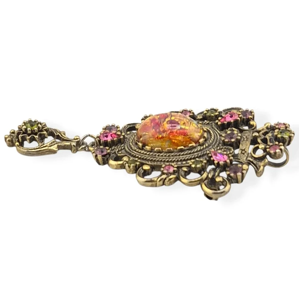 Sarah Coventry Contessa Brooch Pendant Faux Fire Opal Rhinestone 1974 Vintage